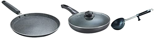 Prestige Aluminium Omega Deluxe Granite Fry Pan, 24 cm, Black&Prestige Omega Deluxe Granite Dosa Tawa, 28 cm, Black&Prestige Aluminium Hard Anodised Tadka Pan, 10 cm, Black