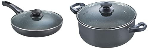 Prestige Aluminium Omega Deluxe Granite Fry Pan with Lid, 260Mm,Black & Omega Deluxe Granite Sauce Pan with Lid, 240Mm Combo