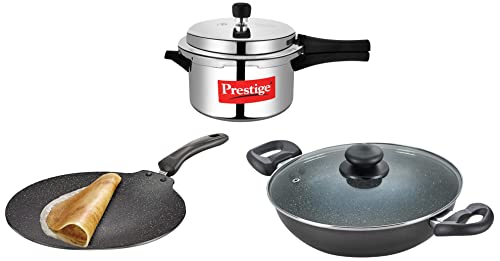 Prestige Aluminium Omega Deluxe Granite Kadhai, 26cm, Black&Prestige Popular Aluminium Pressure Cooker, 3 litres, Silver&Prestige Omega Deluxe Granite Aluminium Flat Dosa Tawa, (Black, 30 cm)