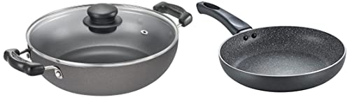 Prestige Aluminium Omega Select Plus IB Non-Stick Kadai with Glass Lid, 240 mm, Multicolour, Medium & Aluminium Omega Deluxe Granite Fry Pan, 280 mm, Black (36306)