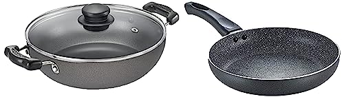 Prestige Aluminium Omega Select Plus IB Non-Stick Kadhai with Glass Lid, 26 cm, Multicolour, Medium & Prestige Aluminium Omega Deluxe Granite Fry Pan, 24 cm, Black (36305)