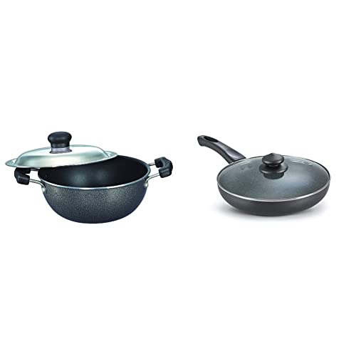 Prestige Aluminium Omega Select Plus Non-Stick Flat Base Kadai with Lid, 20Cm, 2.2 Litters, Black & Deluxe Granite Fry Pan with Lid, 260Mm,Black
