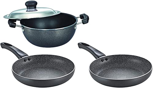 Prestige Aluminium Omega Select Plus Non-Stick Flat Base Kadhai with Lid, 20cm, 2.2 Liters&Prestige Aluminium Omega Deluxe Granite Fry Pan, 24 cm&Prestige Omega Deluxe Aluminium Granite Fry Pan, 20cm