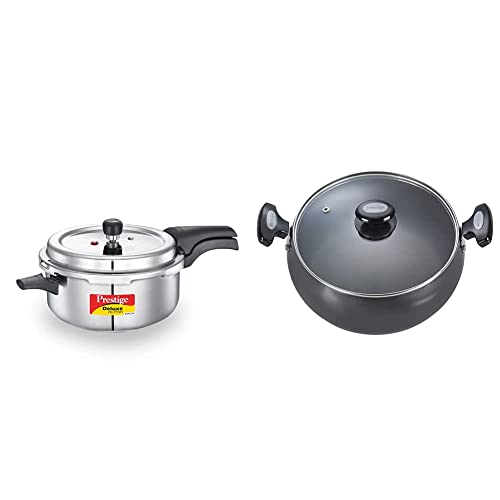 Prestige Aluminium Svachh, 20255, 5 L, Deep Pressure Pan, With Deep Lid For Spillage Control + Prestige Hard Anodised Cookware Lifetime Induction Base Sauce Pan, 200Mm, Black,Non-Stick, 5 Liter