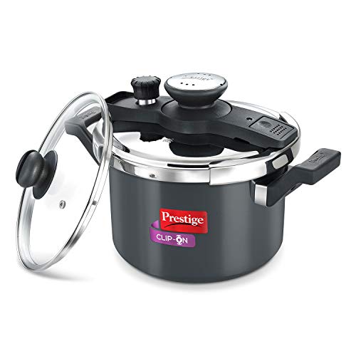 Prestige Clip On Aluminium Outer Lid Pressure Cooker With Glass Lid (5 Litres, 2-Pieces, Charcoal Black), 5 Liter