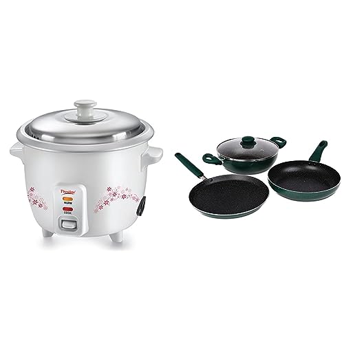 Prestige Delight PRWO 1.5 Electric Rice cooker with Steaming Feature (1.5 Liters, White) & Prestige Omega Deluxe Granite Induction Base 3 Pc Cookware Set, Moss Green