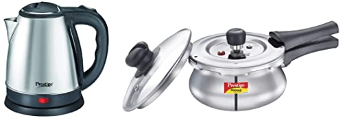 Prestige Deluxe Alpha Svachh Stainless Steel Outer Lid Pressure Cooker 1.5L with Glass Lid & Electric Kettle PKOSS - 1500watts, Steel (1.5Ltr)