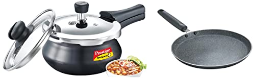 Prestige Deluxe Duo Plus Induction Base Aluminum Outer Lid Pressure Cooker, 1.5 Litres, Black & Prestige Omega Deluxe Granite Nonstick Aluminium Dosa Tawa, Black, 25 cm