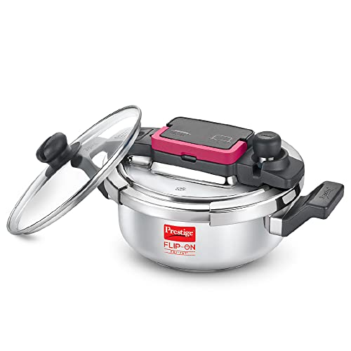 Prestige FLIP-ON TRI-PLY Stainless Steel Pressure Cooker with Glass Lid 22cm(3L, Silver and Black, Innovative Lock Lid with Spillage Control)