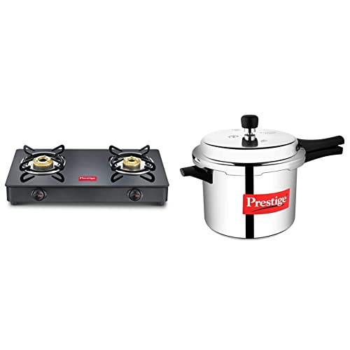 Prestige IRIS LPG Gas Stove, 2 Burner, Black, Powder coater Mild Steel with Glass Top, Manual & Prestige Popular Aluminium Outer Lid Pressure Cooker, 5 Litres, Silver