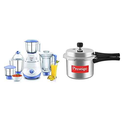 Prestige Iris(750 Watt) Mixer Grinder with 3 Stainless Steel Jar + 1 Juicer Jar, White and Blue with Popular Aluminum Pressure Cooker, 3 Liters, Silver Combo