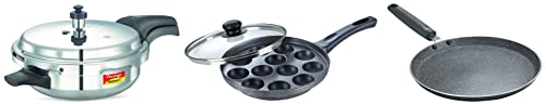 Prestige Junior Pan Aluminium Outer Lid Pressure Cooker, 3 L, Silver&Prestige Aluminium Omega Select Plus Paniyarakkal with Lid (24 cm, Black)&Prestige Omega Deluxe Granite Dosa Tawa, 30cm, Black