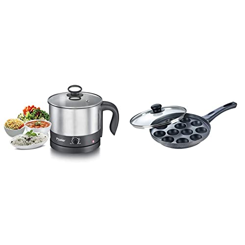 Prestige Multi Cooker 1 Litre - PMC 1.0+ + Prestige Omega Select Plus Non-Stick Paniyarakkal with Lid (240 mm, Black)- Gas Top Compatible only