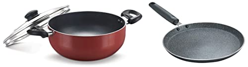 Prestige OMG DLX Induction Base Non-Stick Aluminium Deep Kadhai, 24cm, Red & Prestige Omega Deluxe Granite Dosa Tawa, 28 cm, Black
