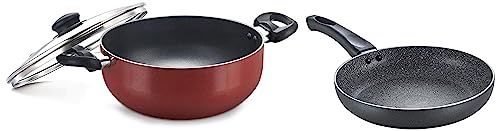 Prestige OMG DLX Induction Base Non-Stick Aluminium Deep Kadhai, 28cm, Red & Prestige Aluminium Omega Deluxe Granite Fry Pan, 24 cm, Black (36305)