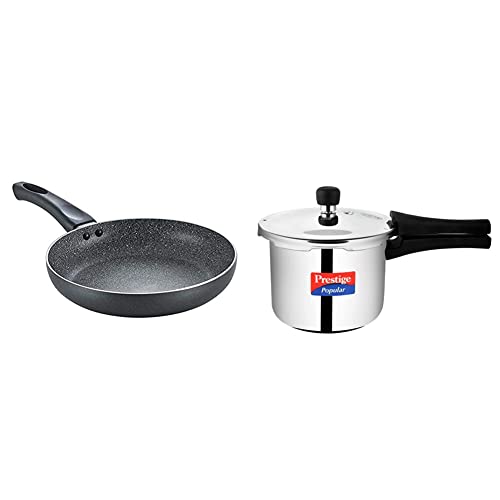 Prestige Omega Deluxe Aluminium Granite Fry Pan, 200mm (Omelette Pan), Black Popular Stainless Steel Pressure Cooker, 3 litres, Silver