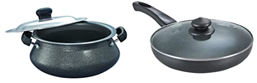 Prestige Omega Deluxe Aluminium Granite Fry Pan, 240mm, Black + Prestige Omega Select Plus Mini Handi with SS lid