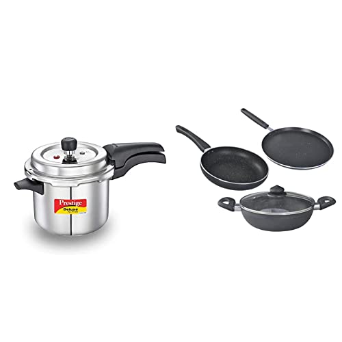 Prestige Omega Deluxe Granite 3 Pcs with 1 Glass Lid Svachh Deluxe Alpha 3.5 Litre Stainless Steel Pressure Cooker