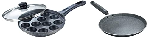 Prestige Omega Deluxe Granite Aluminium Omni Tawa 280mm and Non-Stick Paniyarakkal with Lid (240 mm, Black)