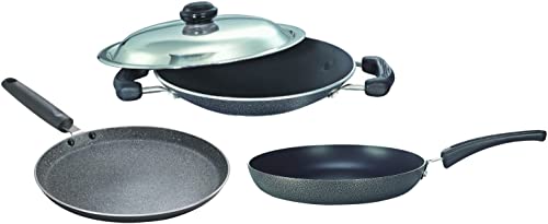 Prestige Omega Deluxe Granite Dosa Tawa, 28 cm, Black&Prestige Omega Select Plus Aluminium Residue with Lid, 20 cm, Black&Prestige Omega Select Plus Aluminium Fry Pan, 20cm, Black (Small Size)