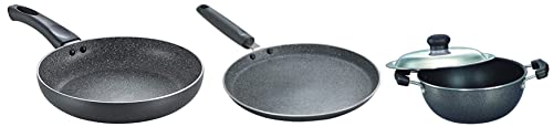 Prestige Omega Deluxe Granite Dosa Tawa, 28 cm&Prestige Omega Deluxe Aluminium Granite Fry Pan, 20cm Aluminium Omega Select Plus Non-Stick Flat Base Kadhai with Lid, 20cm, 2.2 Liters