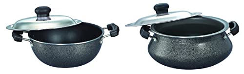 Prestige Omega Select Plus Aluminium Non-Stick Flat Base Kadai with Lid, 20cm, 2.2 L, Black + Prestige Omega Select Plus Junior Handi 200mm with Lid, Black