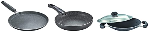 Prestige Omega Select Plus Aluminium Residue with Lid, 20 cm, Black&Prestige Aluminium Omega Deluxe Granite Fry Pan, 24 cm, Black (36305) Omega Deluxe Aluminium Dosa Tawa, Black, 25 cm