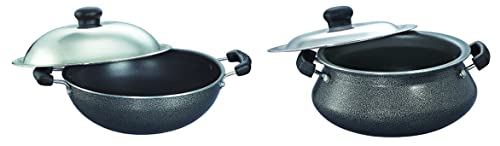 Prestige Omega Select Plus Mini Handi with SS lid & Prestige Omega Select Plus Aluminium Non-Stick Round Base Kadhai with Lid, 20 cm, Black