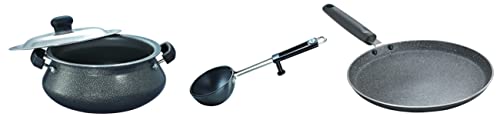 Prestige Omega Select Plus Mini Handi with SS lid&Prestige Omega Deluxe Granite Dosa Tawa, 28 cm, Black&Prestige Aluminium Hard Anodised Tadka Pan, 10 cm, Black