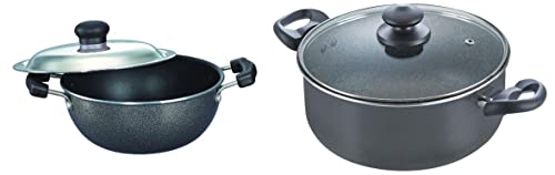 Prestige Omega Select Plus Non-Stick Flat Base Kadai with Lid, 20cm, 2.2 litres, Black & Omega Deluxe Granite Sauce Pan with Lid, 240mm Combo