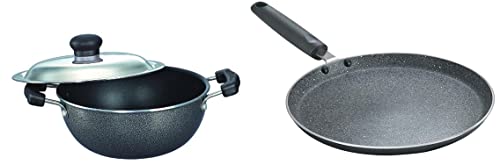 Prestige Omega Select Plus Non-Stick Flat Base Kadhai with Lid, 20cm, 2.2 Liters&Prestige Omega Deluxe Granite Fry Pan, 20cm Omega Deluxe Granite Nonstick Dosa Tawa, 25 cm