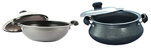 Prestige Omega Select Plus Nonstick Junior Handi with Lid (Black, 20cm) Omega Select Plus Aluminium Non-Stick Flat Base Kadhai with Lid, 25 cm, Black