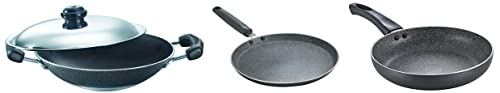 Prestige Omega Select Plus Residue Free Non-Stick Deep Appachetty with Lid, 20cm Omega Deluxe Granite Fry Pan, 24 cm&Prestige Omega Deluxe Granite Nonstick Dosa Tawa, 25 cm