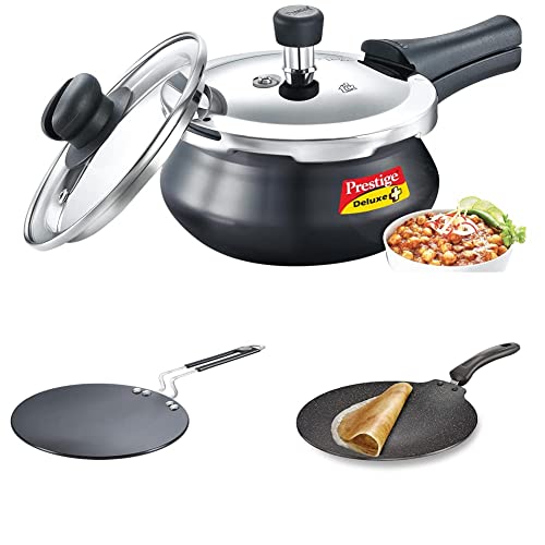Prestige Outer Lid Pressure Cooker, 1.5 Litres, Black&Prestige Aluminium Plus Cookware Induction Base Roti Tawa, 22.5cm, Black&Prestige Aluminium Flat Dosa Tawa, (Black, 30 cm)