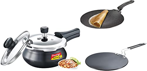 Prestige Outer Lid Pressure Cooker, 1.5 Litres, Black&Prestige Omega Deluxe Granite Aluminium Flat Dosa Tawa, (Black, 30 cm)&Prestige Aluminium Cookware Induction Base Paratha Tawa, 26.5 cm, Black