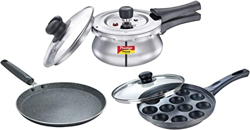 Prestige Outer Lid Pressure Cooker 1.5L with Glass Lid &Prestige Omega Deluxe Granite Dosa Tawa, 28 cm, Black&Prestige Aluminium Omega Select Plus Paniyarakkal with Lid (24 cm, Black)