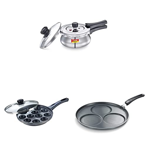 Prestige Outer Lid Pressure Cooker 1.5L with Glass Lid&Prestige Aluminium Omega Select Plus Paniyarakkal with Lid (24 cm, Black), Black&Prestige Omega Select Plus Set Dosa Tawa 31 cm (Black)