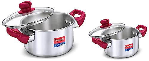 Prestige Platina Popular Gas and Induction Compatible Casserole with Glass Lid, 260 mm, 7.25 Litre & Prestige Platina Popular Gas and Induction Compatible Casserole with Glass Lid, 200 mm, 3 Litre