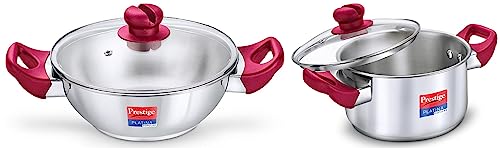 Prestige Platina Popular Gas and Induction Compatible Kadhai with Glass Lid, 24 cm, Silver & Prestige Platina Popular Gas and Induction Compatible Casserole with Glass Lid, 200 mm, 3 Litre