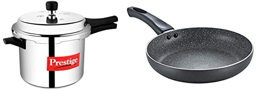 Prestige Popular Aluminium Outer Lid Pressure Cooker, 5 Litres, Silver & Prestige Omega Deluxe Aluminium Granite Fry Pan, 20cm (Omelette Pan), Black
