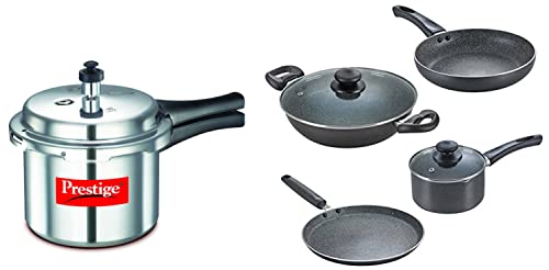 Prestige Popular Aluminium Pressure Cooker, 3 Litres, Silver & Omega Granite Aluminium Kitchen Set, 4-Pieces, Black
