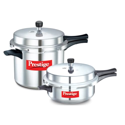 Prestige Popular GVP Aluminium Outer Lid Pressure Cooker Combi 10 L & Sr Deep Pan Pressure Cooker 6 L with Lids, Silver