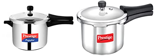 Prestige Popular Induction Base Stainless Steel Pressure Cooker, 5 Liters, Silver and Popular Stainless Steel Pressure Cooker, 2 litres, Silver Combo