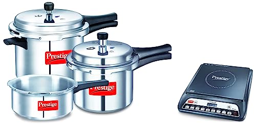 Prestige Popular Max 5 + 3 + 2 Litre Aluminium Outer Lid Pressure Cooker Combo Pack, 2 Lids, Silver, Large (11791) & Prestige PIC 20 1600 Watt Induction Cooktop with Push button (Black)