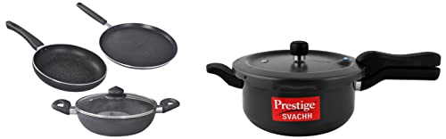 Prestige Svachh 3.5 Litre Aluminium Pressure Cooker with Hard Anodized Body (Black) & Prestige Omega Deluxe Granite Aluminium Kitchen Sets with 1 Glass Lid (Black) - 3 Pieces