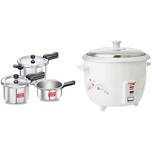 Prestige Svachh Aluminium 2+3+5 Litre Combo Cooker With Induction Base + Prestige Delight Prwo 1-Litre Electric Rice Cooker (White), 1 Liter