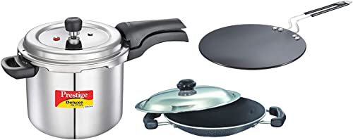 Prestige Svachh Deluxe Alpha 5.5 Litre Outer Lid Pressure Cooker&Prestige Cookware Induction Base Paratha Tawa, 26.5 cm, Black&Prestige Omega Select Plus Aluminium Residue with Lid, 20 cm, Black
