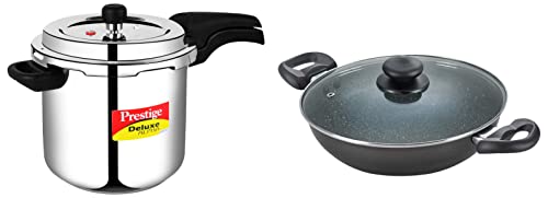 Prestige Svachh Deluxe Alpha 5.5 Litre Stainless Steel Outer Lid Pressure Cooker & Prestige Aluminium Omega Deluxe Granite Kadhai, 26cm, Black