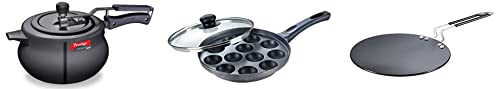 Prestige Svachh Nakshatra Plus Hard Anodised 5 Litre Pressure Handi & Aluminium Omega Select Plus Paniyarakkal (240 Mm, Black), Black & Base Paratha Tawa, 265 mm, Black