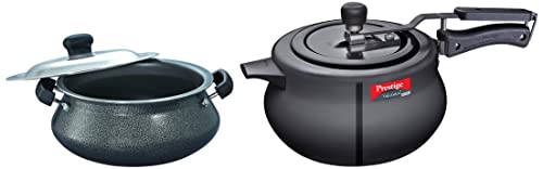 Prestige Svachh Nakshatra Plus Hard Anodised Aluminium Inner Lid 5 Litre Pressure Handi, Black & Prestige Omega Select Plus Senior Handi Dia 23cm with SS Lid-5 litres, Black